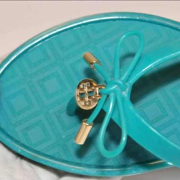 Tory Burch Designer Womens Teal Blue Jelly Bow Thongs Flip Flops Sandals Size 7 - Picture 9 of 10